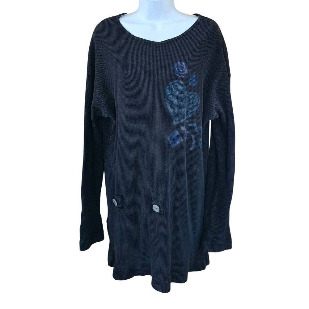 Long Sleeve Black waffle Knit Tunic With Heart & Swirls Design cottagecore boho
